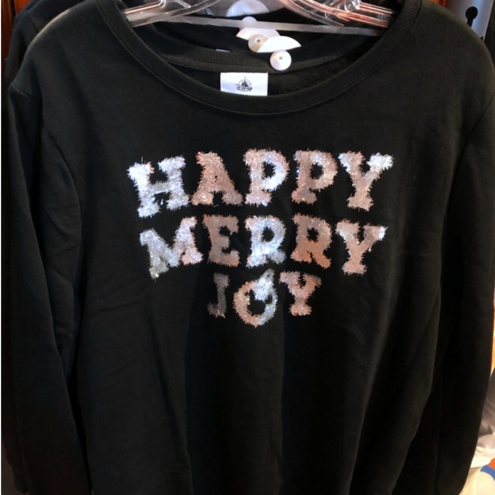 DisneyParks Happy Merry Joy Christmas Tinsel Sweatshirt Black & Silver Medium